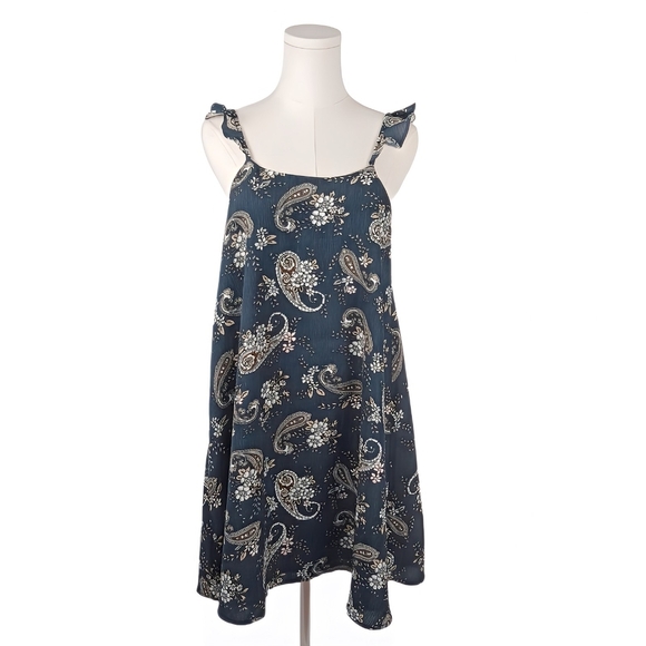 J.O.A. Navy Paisley Mini Dress Ruffle Strap Lace-Up Corset Sleeveless S Blue - Picture 1 of 8